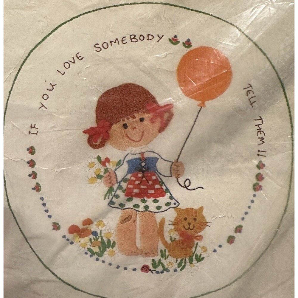 NEW Vtg Girl Cat Balloon Pillow Crewel Embroidery Kit Bucilla Stitchery Craft